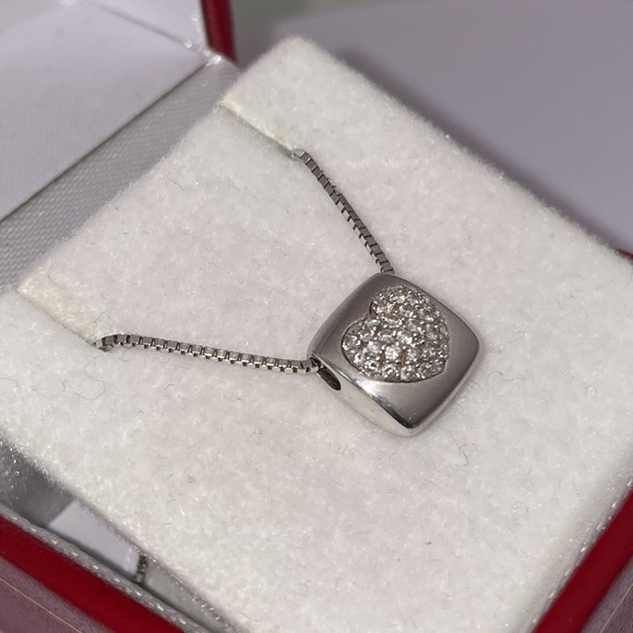 Solid Stamped 18K (not 14K ) White Gold Diamond Pave Modern Heart Necklace - Picture 14 of 16